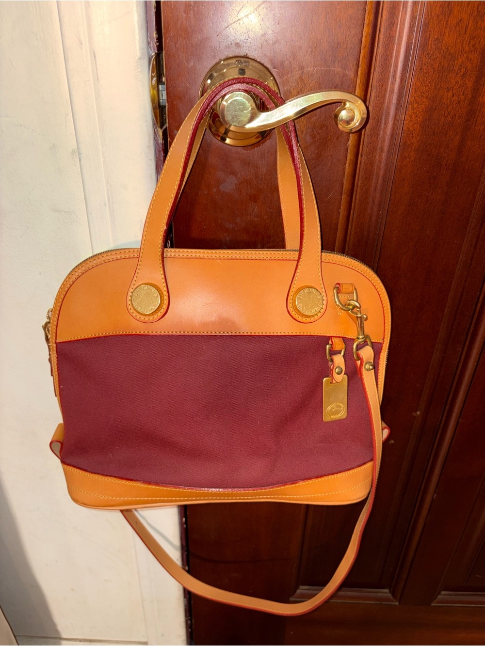 Dooney& Bourke Leather-Trim Burgundy and Tan Women's Satchel,made in U.S.A